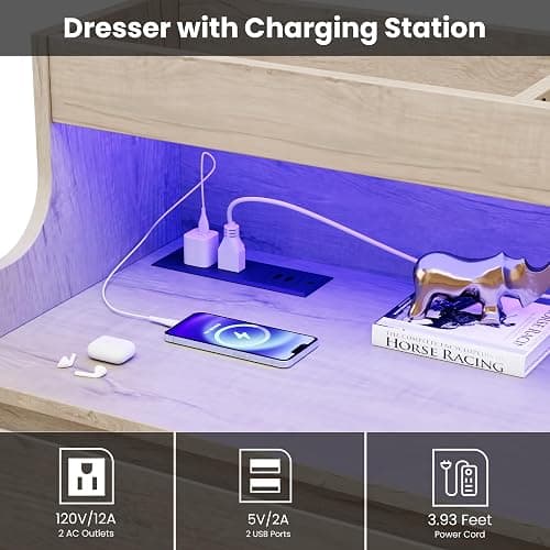 Garvee 6 Drawer Dresser, Desser for Bedroom with LED Lights and Charging Station, Wide Chest of Drawers with Open Space, Modern Large Capacity Storage Cabinet, Living Room, Hallway, Oak thumbnail 5