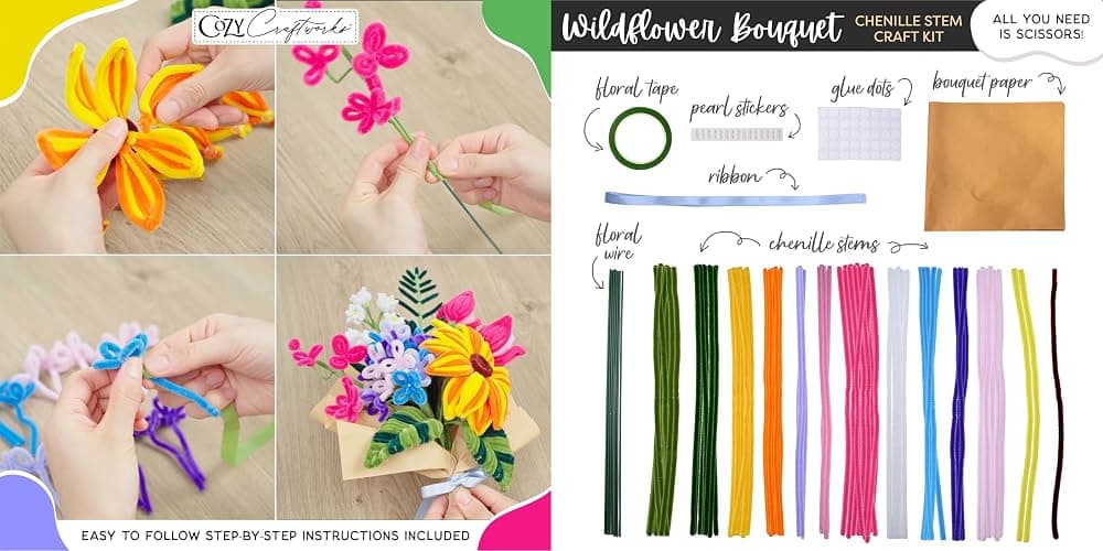 WeVeel Cozy Craftworks Chenille Stem Flower & Succulent Craft Kit for Adults – Create a Wildflower Bouquet and Succulent Box Garden – Relaxing DIY Botanical Arts & Crafts Set thumbnail 4