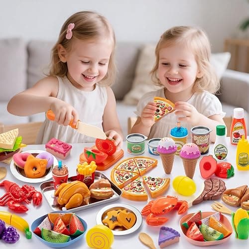 Juboury Cucina Giocattolo per Bambini, Set per Taglia Verdure e Frutta con Cibo Giocattolo come Pizza e Dessert, Gioco di Ruolo in Cucina Bambini, Giochi Montessori 3 4 5 6 7 Anni thumbnail 5