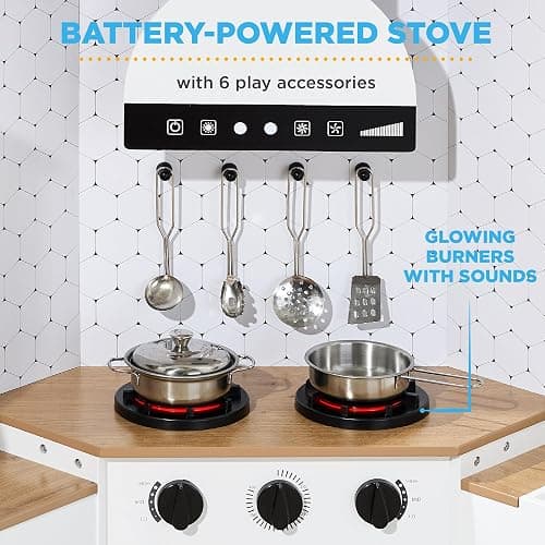 Best Choice Products Pretend Play Corner Kitchen, Ultimate Interactive Wooden Kids Playset w/Lights & Sounds, Ice Maker, Hood - Wht/Brown thumbnail 8