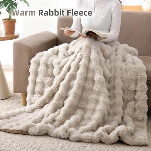 Smoofy Faux Fur Throw Blanket for Couch Rabbit Fleece - Linen Fluffy Blanket for Sofa Bedroom Living Room, Cozy Soft Plush Luxury Thick Winter Fuzzy Comfy Bubble Blanket - 50" x 60" thumbnail 7