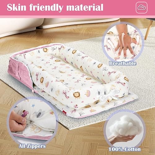 Loevin Baby Lounger for Newborns & Infants 0–24 Months, 100% Cotton Breathable Infant Support Cushion with Adjustable Size, Portable Baby Nest for Home and Travel, Baby Shower Gift (Animal World Pink) thumbnail 5