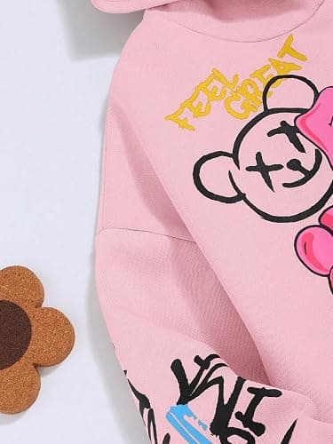 WDIRARA Girl's Cartoon Letter Graphic Hoodie Drop Shoulder Long Sleeve Pullover Sweatshirt thumbnail 4