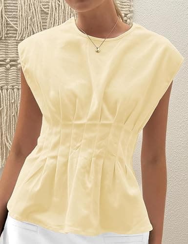 Yegthou Women's Peplum Tops Short Sleeve Summer Blouses T-Shirts Dressy Casual Crew Neck Pleated Babydoll Top for Work thumbnail 2