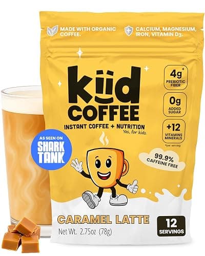 Kiid Coffee - 99.9% Caffeine-Free Organic Coffee for Kids - As Seen on Shark Tank - 12 Vitamins & Minerals, 4g Prebiotics, 0g Sugar - Non-GMO & Gluten-Free - Healthy Snack - Caramel - 12 Servings - Image 1