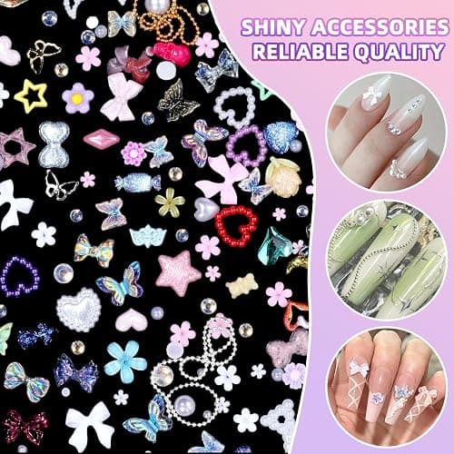 3D Nail Charms Set, Color Flower Bow Moon Heart Star Nail Art Charms, Half Round Pearl & Flatback Gems AB, Hollow Butterfly Alloy Nail Art Supplies DIY Accessories thumbnail 5