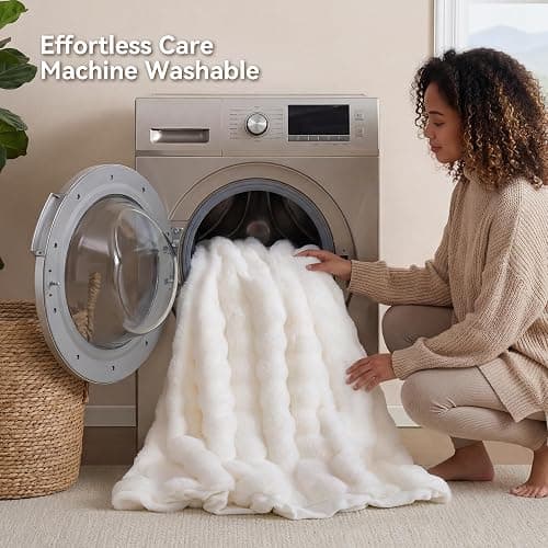 Smoofy Faux Fur Throw Blanket for Couch - Cream White Super Soft Cozy Bubble Blanket, Fluffy Plush Fuzzy Throw for Sofa & Bed, Thick Lightweight Warm Blanket, Luxury Aesthetic Gift for Women 50"x60" thumbnail 8