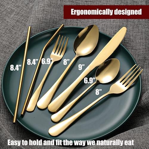 Gutuwellea 84 Pieces Gold Silverware Service for 12 Flatware Set Stainless Steel Utensils Cutlery Set Dishwasher Safe Flatware (Gold, 84) thumbnail 2