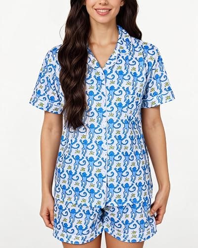 Zuafy Women's Pajamas Set Button Down Ladies Summer Pajamas Monkey Printed Sleepwear Short Sleeve 2 Pc Pjs for Birthday Gift thumbnail 3