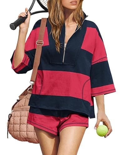 ReachMe Womens Workout Striped Short Sets 2 Piece Outfits Summer Matching Lounge Sets Top and Shorts with Pockets - Image 1