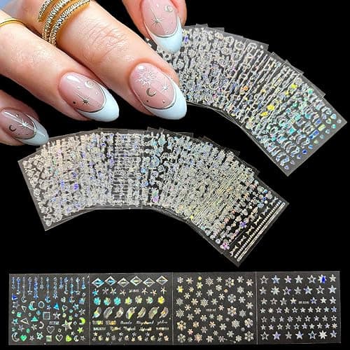 90 Sheets Nail Stickers for Nail Art, Flower Nail Art Stickers Gold Silver Line Star Floral Nail Decals for Nails Design, Aurora Nail Decor Nail Accessories for Women Girls thumbnail 3