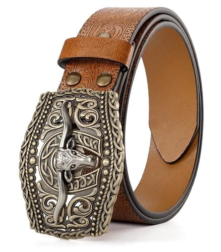 HinyBoeh Western-PU-Leather-Belts for Men and Women Cowboy-Cowgirl Longhorn-Bull-Pattern-Engraved-Buckle-Belt for Unisex - Image 1