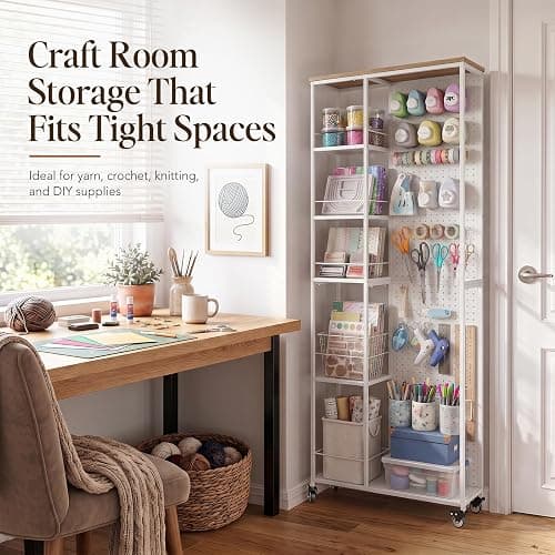 Craft Storage Cart with Dual-Sided Pegboard,5-Tier Shelves Craft Room Storage and Organization,Craft cart Lockable Wheels, Rolling Organizer for Craft Room, Art Supplies,Small Spaces (White, 68.7" H) thumbnail 5