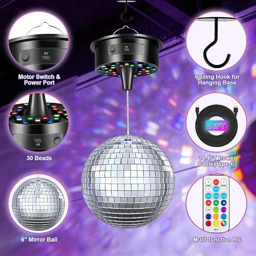 Disco Ball with Motor and 6 Inch Mirror Ball, Rotating 0/3/6/9/12/15 RPM Variable Speed,12 Lighting Colors and 4 Light Modes, 16 FT USB Power Cable and Remote Control, for Party Wedding Christmas thumbnail 6