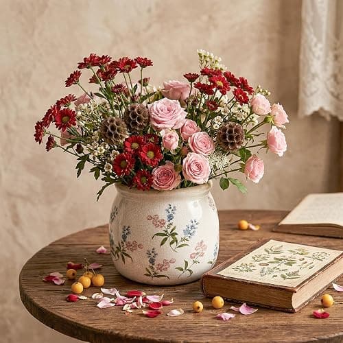 DREAMLOOM Vintage Ceramic Planter for Indoor Plants,6.1" Ice Crack Cottage Scroll Vase Tuscan Decor Flower Pots with Drainage Holes Home Kitchen Farmhouse Antique Decorative Gift (Red-Round) thumbnail 8