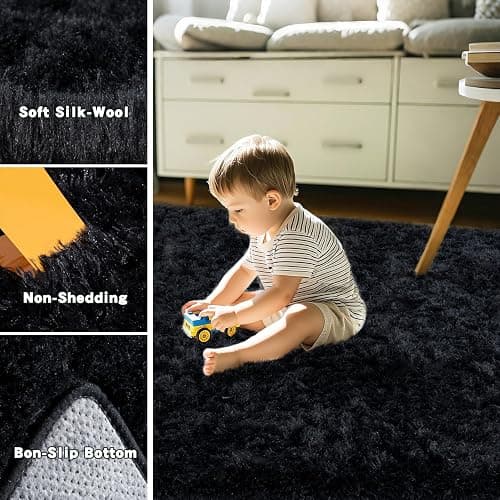 OHDS Black Fluffy Rug for Bedroom 6x9 ft - Ultra Soft & Non Slip Shaggy Area Rug, Comfy Durable Carpet for Living Room Kids Room Teens Dorm Home Decor, 1.7'' Thick Indoor Plush Carpets thumbnail 4