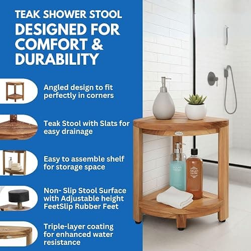 DecoTeak Teak Corner Shower Shelf – 2 Tier Waterproof Bathroom Storage Organizer Compact Wood Storage | Water-Resistant Design | Space Saver for Showers & Small Bathrooms | Shaving Foot Rest thumbnail 3