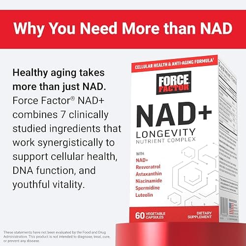 Force Factor NAD+ (NMN or Nicotinamide Riboside Alternative) with Resveratrol, Astaxanthin, Spermidine & Luteolin Complex, NAD to Support Cellular Health & Healthy Aging, 60 Capsules thumbnail 4