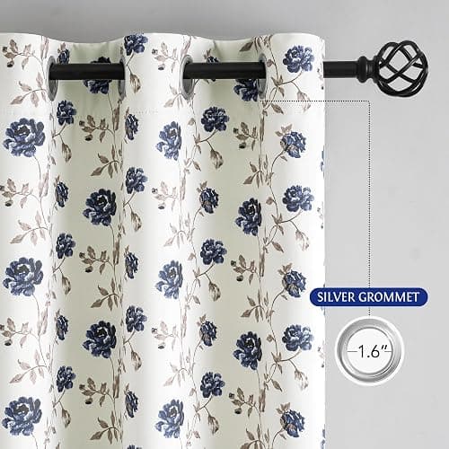 Beauoop Floral 100% Blackout Curtains 84 Inches Long 2 Panels for Bedroom Living Room Blue Brown on Beige Vintage Rose Flower Patterned Room Darkening Thermal Soundproof Grommet Window Drapes, 52X84 thumbnail 9