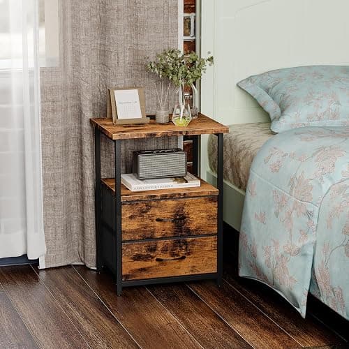 Fixwal Night Stand with Charging Station, 2 Fabric Drawers, Rustic Brown | built-in bedside charger, 2 AC outlets & 2 usb ports, 2 wooden shelves, end table with storage, bedroom, living room thumbnail 6