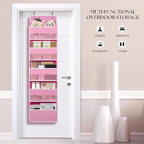 TYMENSH Over Door Organizer with 5 Large Pockets, Heavy Duty Hanging Organizer Storage, Closet Bathroom Nursery Bedroom Dorm, Toys Cosmetics Sundries and Baby Essentials, Pink thumbnail 3
