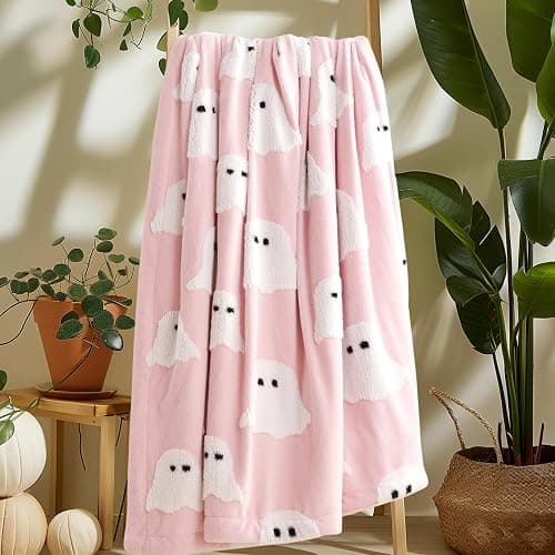 Smoofy Halloween Throw Blanket, Pink Ghost Fleece Halloween Blanket 50"x60" | Cute Pink Halloween Room Decor, Fluffy 3D Spooky Halloween Blanket for Sofa & Bed thumbnail 5
