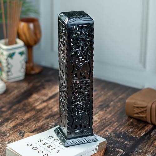 Crocon Black Marble Soapstone Incense Stick Burner Square Shape Leaf & Half Wheel Carving Tower Burner | Tea Light Candle Holder | Decorative Home & Kitchen Size - LxWxH 3X3X11 Inch thumbnail 6