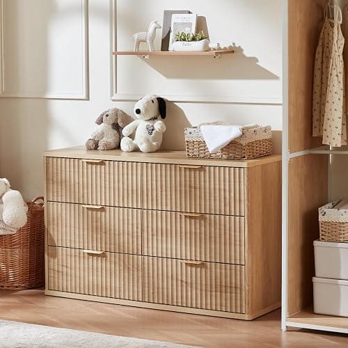 LEYAOYAO Fluted 6 Drawers Dresser, 48" Wide Modern Chest of Drawers with Wood Grain Top, Curved Profile Design, Dresser TV Stand, Wood Drawer Organizer for Bedroom, Living Room, Hallway,Natural thumbnail 5