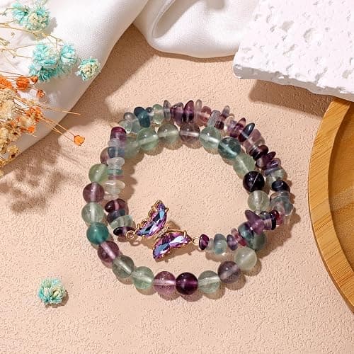 GolbalJew Amethyst Bracelet For Women Anxiety Amethyst Beaded Bracelets Butterfly Charms Healing Stone Layered Bracelet Gifts For Women thumbnail 4