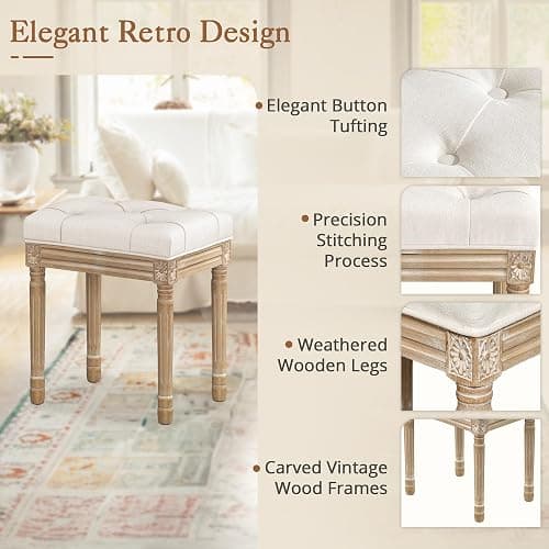 LUE BONA Upholstered Fabric Vanity Bench Seat, Makeup Stools for Vanity, Square Tufted Ottoman Bench with Carved Wood Color Legs for Bedroom Living Room, Beige thumbnail 4