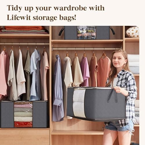 Lifewit Clothes Storage Bag, Fabric Closet Organizers, Foldable Moving Bags with Reinforced Handle, Sturdy Zipper, Clear Window, for Clothing, Blankets, Grey, 3 Pack thumbnail 9