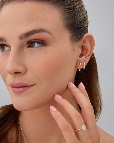 PAVOI 18K Gold Plated 925 Sterling Silver Posts Three Pairs Statement Earrings for Women - Cubic Zirconia Gold Earring Pack - Front Back Ear Jacket Crawler Stud Huggie Piercing Jewelry Set thumbnail 4