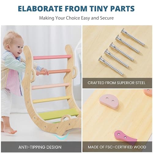 BlueWood Pikler Triangle Set, Toddler Wooden Climbing Toys Indoor 7in1 Foldable Climber for Kids, Montessori Philosophy Play Jungle Gym with Arch, Ramp, Ladder (Colorful Spring) thumbnail 7
