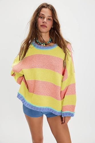 Aisongyuan Women Fall Color Block Striped Sweater Crewneck Long Sleeve Loose Pullover Sweaters Knitted Tops thumbnail 4