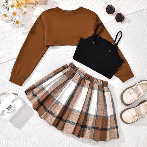 fioukiay Girls 3 Piece Outfit Skirt Sets Long Sleeve Sweatshirt and Plaid Pleated Skirt with Camisole Clothes Set thumbnail 2