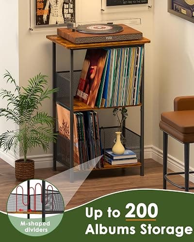 Honkazita Record Player Stand 3-Tier, Vinyl Record Storage up to 200 Albums, Record Player Table Vinyl Holder, Space-Saving Turntable Stand End Table for Bedroom & Living Room thumbnail 4
