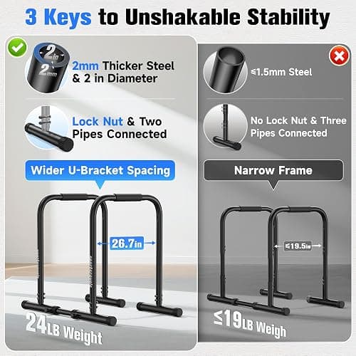 Sportsroyals Adjustable Dip Bar Station, Heavy Duty Parallette & Parallel Bars, 400LBS Stable Dip Stands for Home Gym, Calisthenics & Upper Body Workout Equipment thumbnail 8