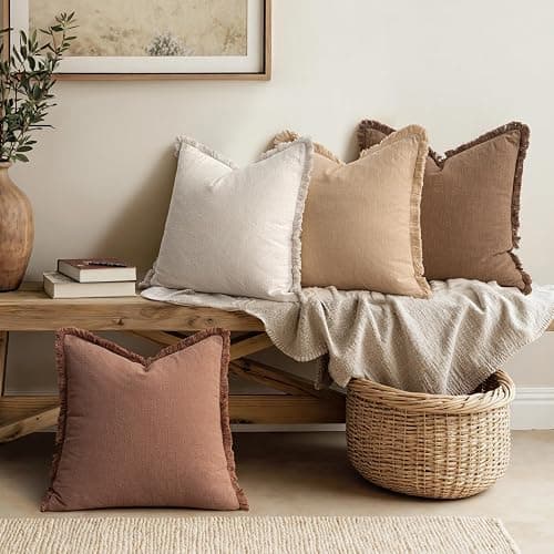 MIULEE Decorative Couch Pillow Covers Neutral Linen Fringe Throw Pillows Set of 4 Accent Rustic Cushions Boho Farmhouse Pillowcases for Bed Sofa Living Room Spring Home Decor 18x18 Inch Beige/Brown thumbnail 2