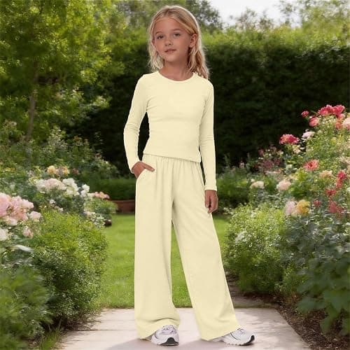 Girls 2 Piece Set Spring Outfits Lounge Sets Ruched Long Sleeve Top Wide Leg Pants Sweatsuit Clothing Athletic Outfit thumbnail 3