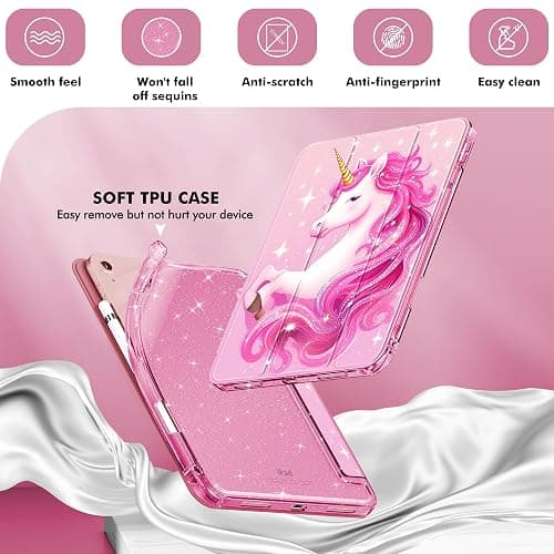 INFILAND Compatible with iPad A16 11th Generation 11 Inch 2025 Case, iPad Case 10th Generation 10.9 Inch, Glitter Cover with Sparkly Clear Back, Pencil Holder, for Kids Girls (Pink Unicorn Dream) thumbnail 4