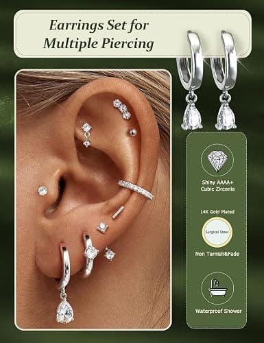 Hypoallergenic Stud Hoop Silver 14K Gold Plated Earrings Stacks - 9 Pairs Surgical Stainless Steel Earring Set for Sensitive Ears - Small Ear Piercing Flat Back Cartilage Earrings for Women Trendy Gifts thumbnail 3