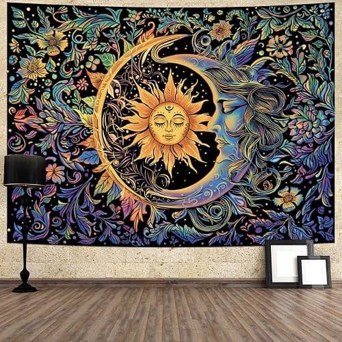 Sun and Moon Tapestry Psychedelic Mystic Floral Tapestry Hippie Boho Flower Plants Wall Tapestries Vintage Aesthetic Tapestries Wall Hanging for Bedroom thumbnail 4