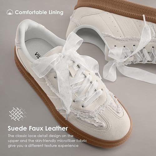 Vilanva Women's Lace Detail Fashion Sneakers Comfortable Casual Dress Sneakers with Retro Gum Sole Walking Trendy Footwear thumbnail 4