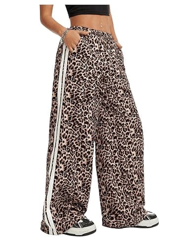 SHENHE Girl's Y2k Leopard Print Pants Wide Leg Baggy Side Stripe Cheetah Pants Trousers - Image 1