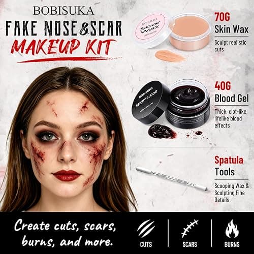 BOBISUKA Special Effects SFX Makeup Kit,Scar Wax & Fake Blood Gel & Spatula | Create Realistic Scars, Cuts, Burns & Wounds for for Halloween Cosplay Zombie Make Up, Non-toxic, Large Capacity thumbnail 2