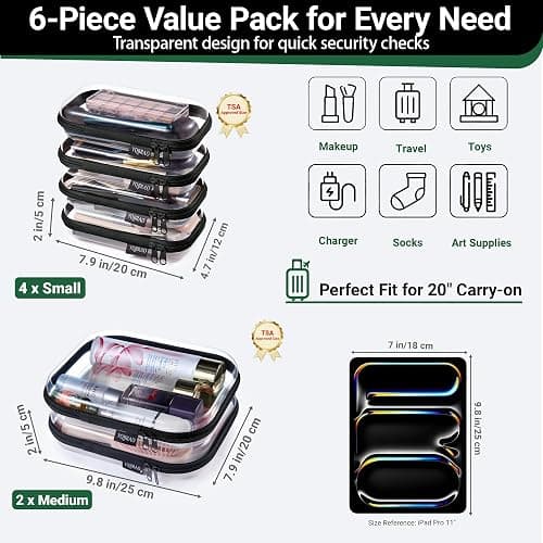 6 Pack Black Clear Hard Shell Beauty Organizer (2M+4S), 1.2mm Heavy Duty Crush-Proof Cosmetic Case, Reinforced YKK Zippers, Stadium Approved Security Bag for Skincare & Electronics, Multi-Size Set thumbnail 4
