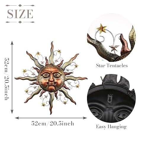 TERESA'S COLLECTIONS Sun Metal Wall Art for Outdoor Decor,21" Bronze Sun Face 3D Wall Decor for Garden Decor,Rustic Retro Hanging Sculpture for Outside Living Room Home Patio Farmhouse Gifts for Mom thumbnail 6