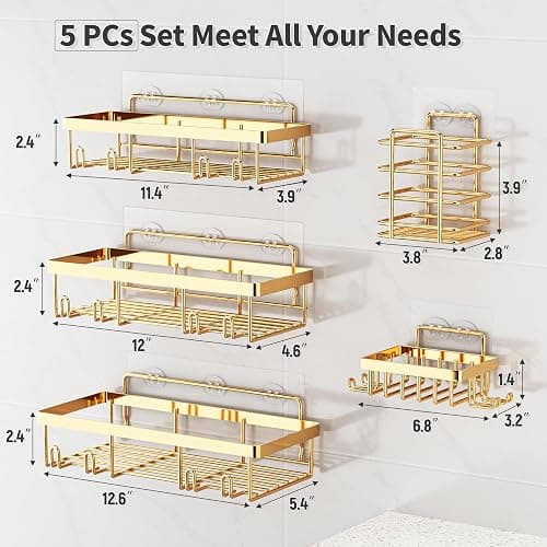 Liuoud 5 Pack Shower Caddy Organizer Rack Shelf for Inside Shower, Self Adhesive Wall Storage Basket Rustproof Stainless Steel Shampoo Holder Bathroom Accessory Decor Set, Gold thumbnail 2