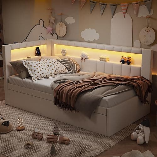 MKABAK Twin Size Daybed with Trundle and L-Shaped Bookshelf Headboard, Linen Upholstered Soft Corner Bed with Storage Shelves, Charging Station and LED Belt for Kids Boys Girls, White thumbnail 4