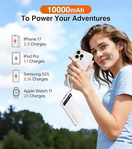 Power Bank with 2 Built-in Cables 10000mAh, 22.5W PD Slim Portable Charger USB C Battery Pack, Travel Essentials Fast Charging Powerbank Compatible with iPhone 17 16 Plus Pro Galaxy iPad White(1 Pack) thumbnail 8